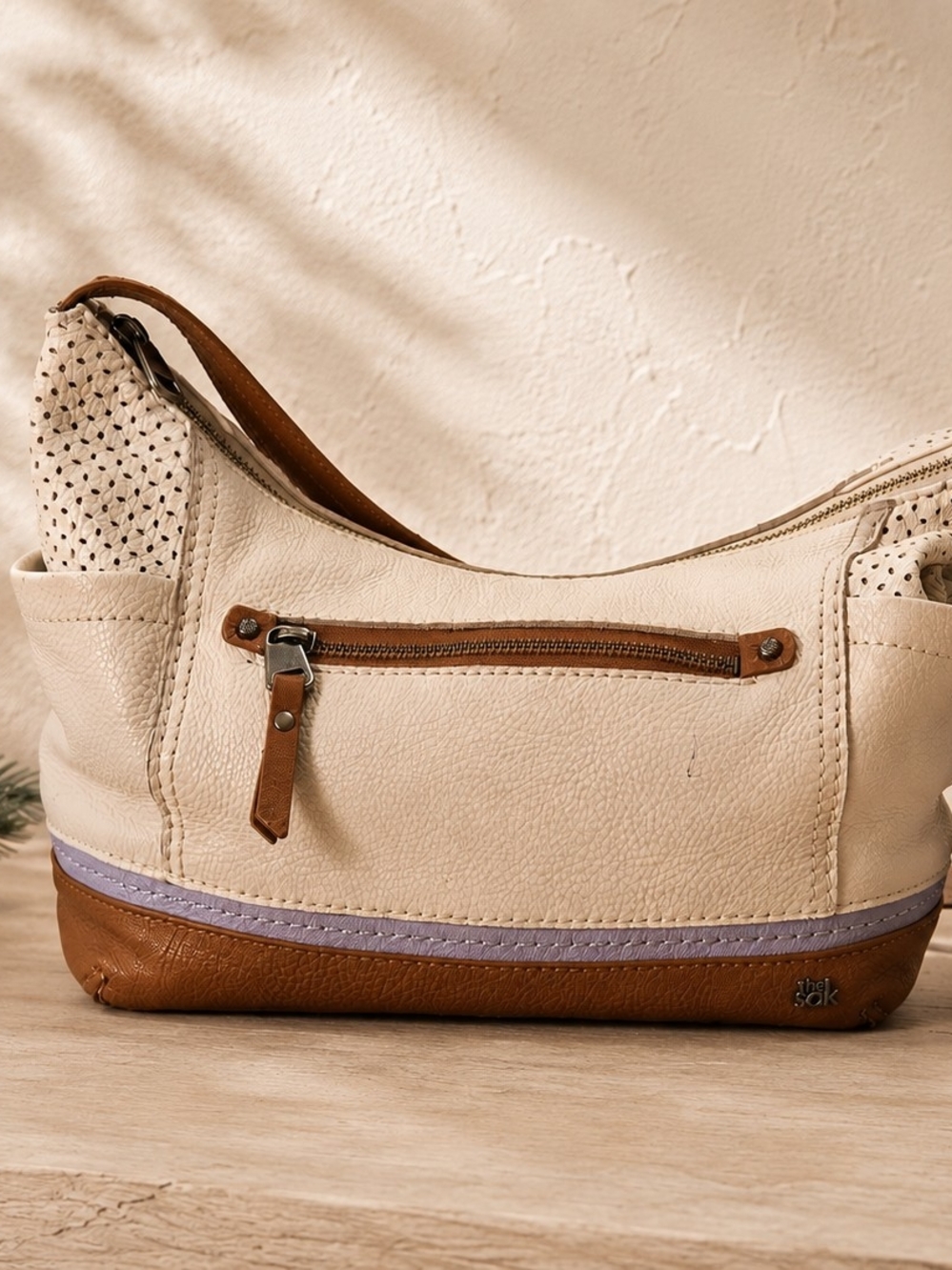 The Sak Leather Hobo Shoulder Bag Cream Ivory Cognac Lavender